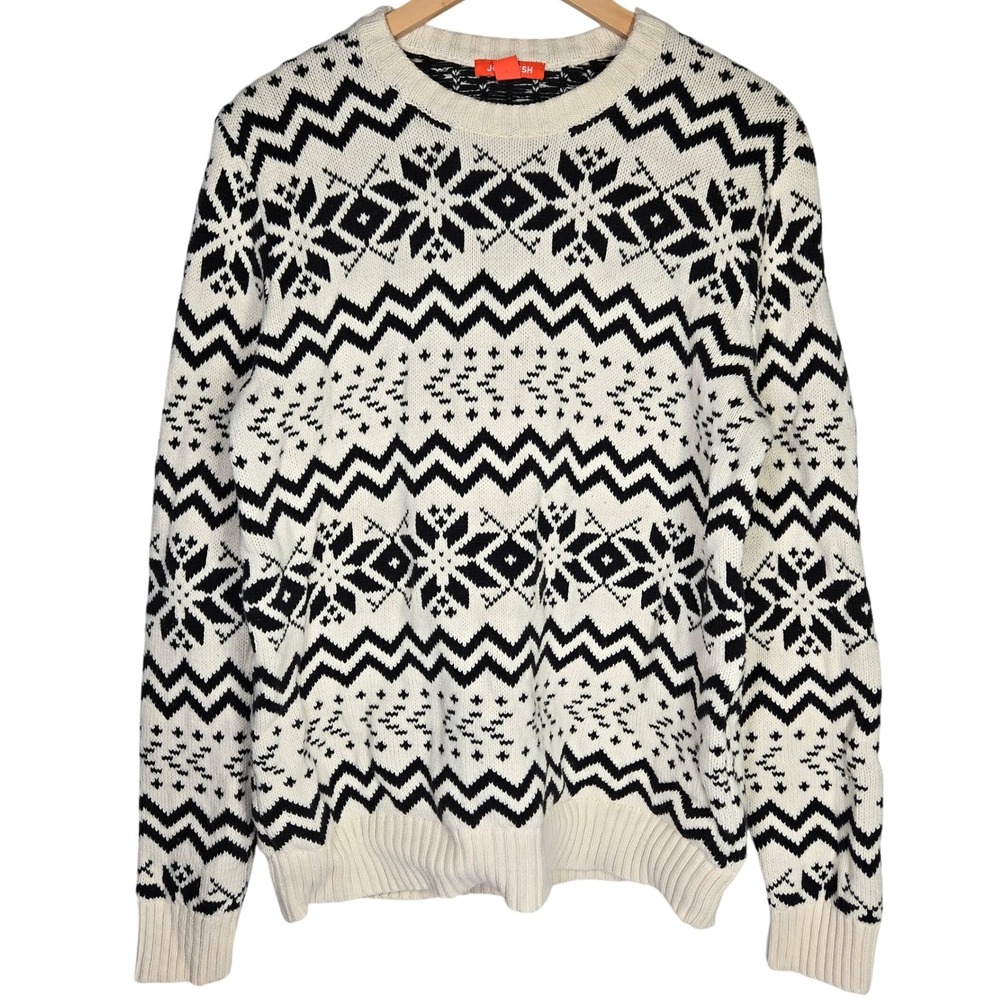 Joe Fresh Mens Fair Isle Snowflake Knit Sweater M Beige Black Long‎ Sleeve